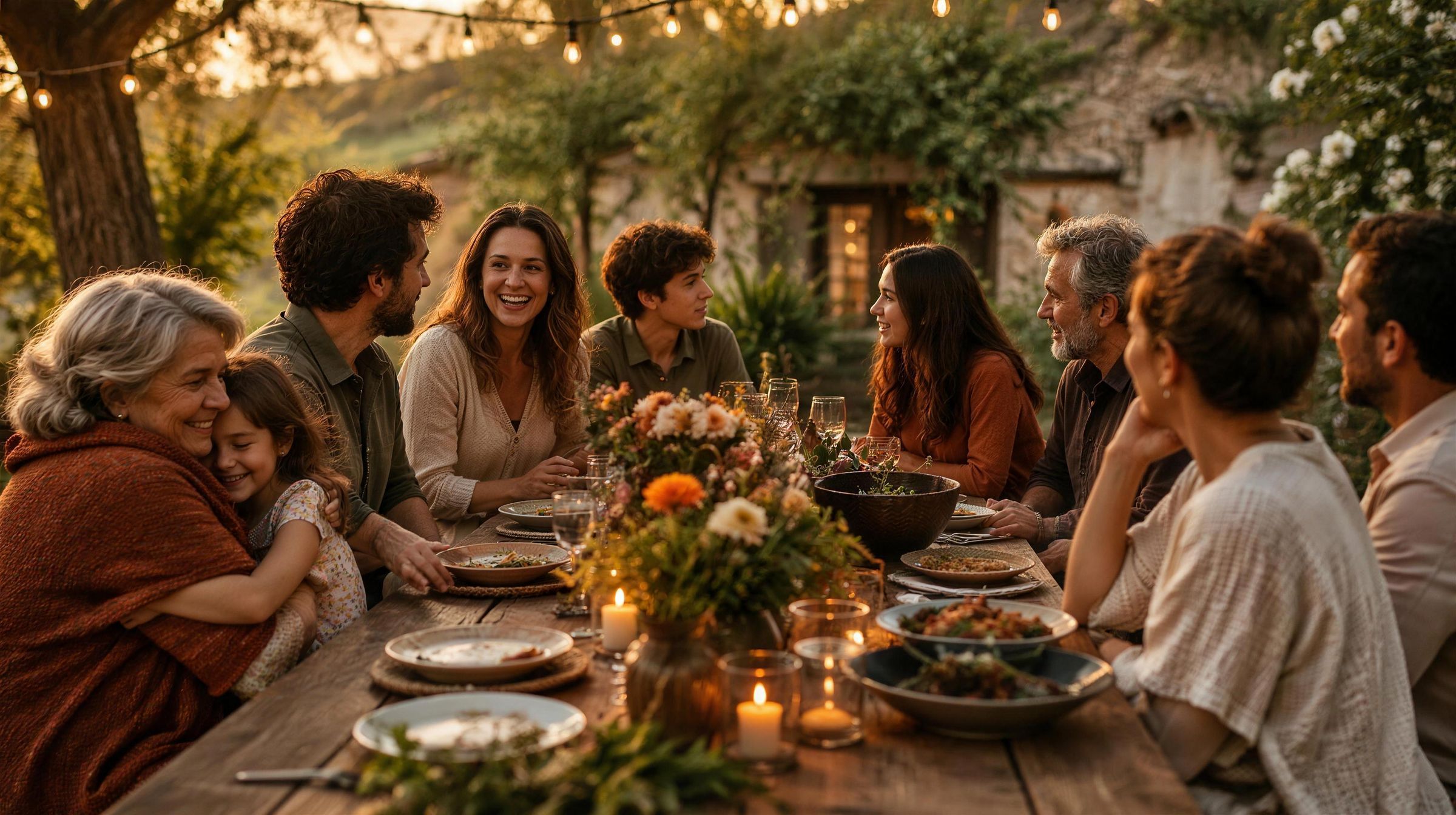 Una familia reunida alrededor de una mesa en el jardín al atardecer