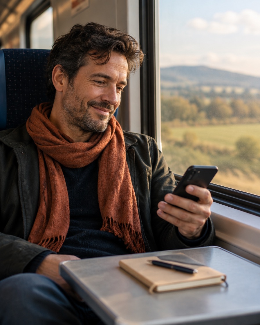 Un hombre sonríe mientras mira el móvil junto a la ventanilla de un tren, con una libreta sobre la mesa